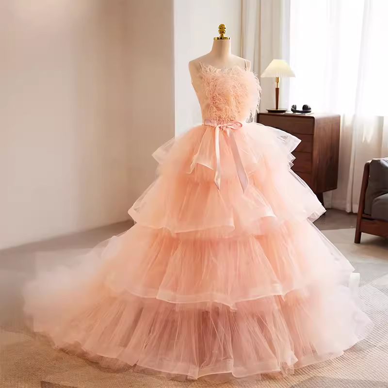 Vintage Ball Gown Straps Tulle Pink Sweet 16 Dresses - View 2 | VelvetHem