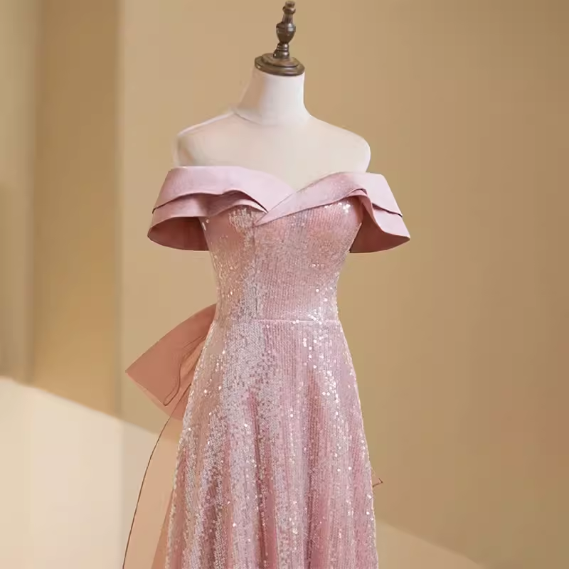 Simple A line Off The Shoulder Short Sleeves Pink Long Prom Dress - View 2 | VelvetHem