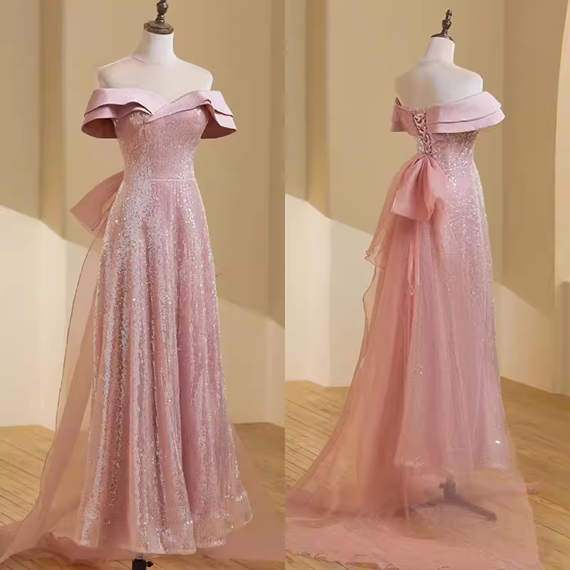 Simple A line Off The Shoulder Short Sleeves Pink Long Prom Dress - View 4 | VelvetHem