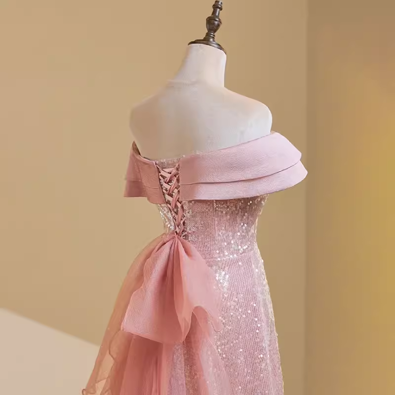Simple A line Off The Shoulder Short Sleeves Pink Long Prom Dress - View 5 | VelvetHem