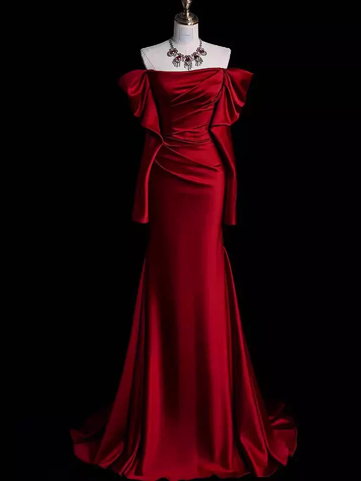 Burgundy Off The Shoulder Mermaid Long Satin Prom Dress Formal Party Evening Gown - VelvetHem