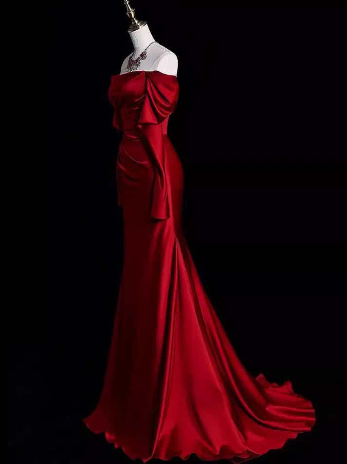 Burgundy Off The Shoulder Mermaid Long Satin Prom Dress Formal Party Evening Gown - View 5 | VelvetHem