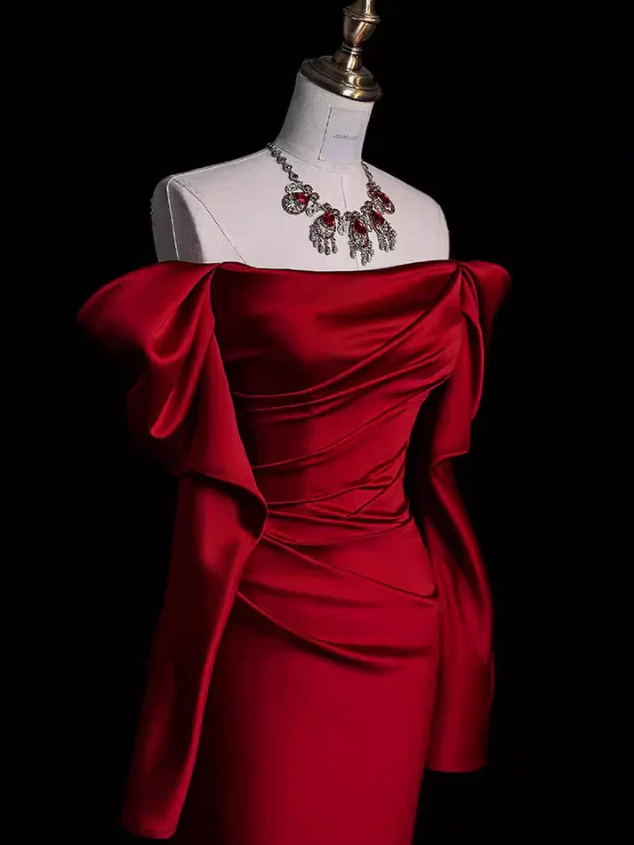 Burgundy Off The Shoulder Mermaid Long Satin Prom Dress Formal Party Evening Gown - View 2 | VelvetHem