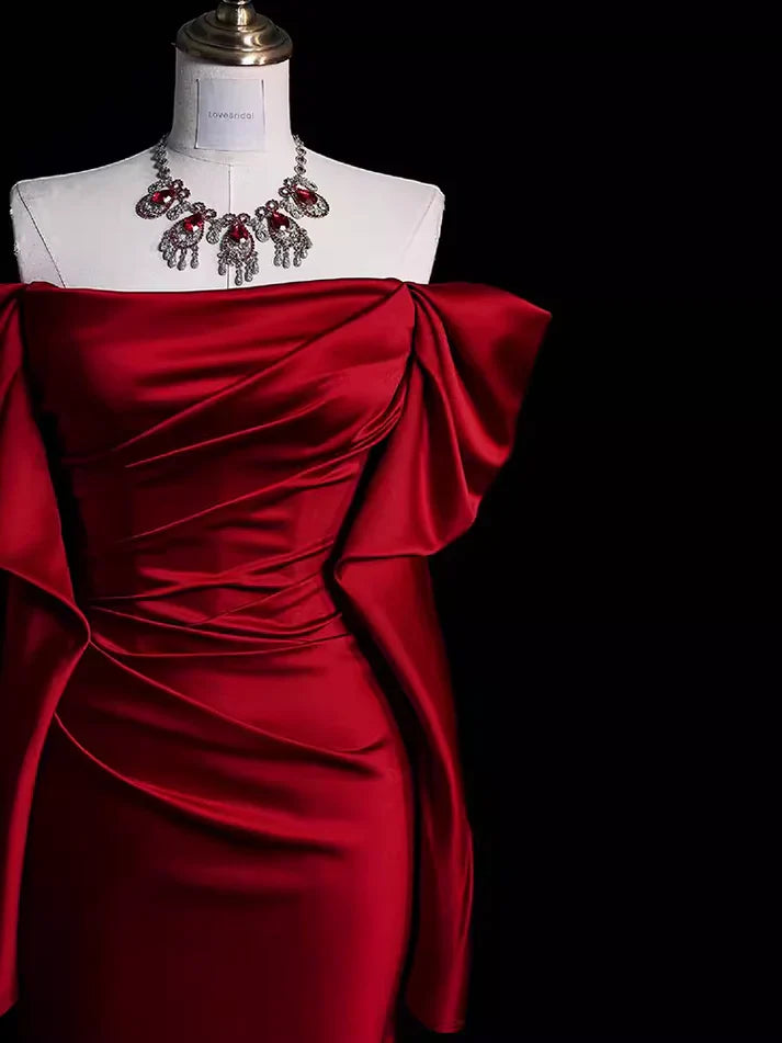 Burgundy Off The Shoulder Mermaid Long Satin Prom Dress Formal Party Evening Gown - View 4 | VelvetHem
