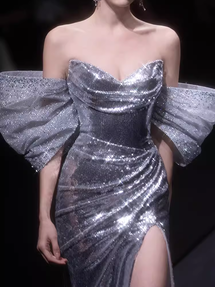 Elegant Mermaid Strapless Long Sequin Silver Prom Dress