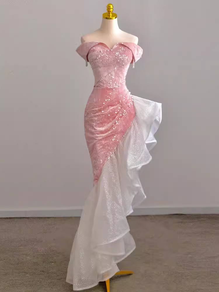 Elegant High Low Strapless Sequin Pink Velvet Prom Dress