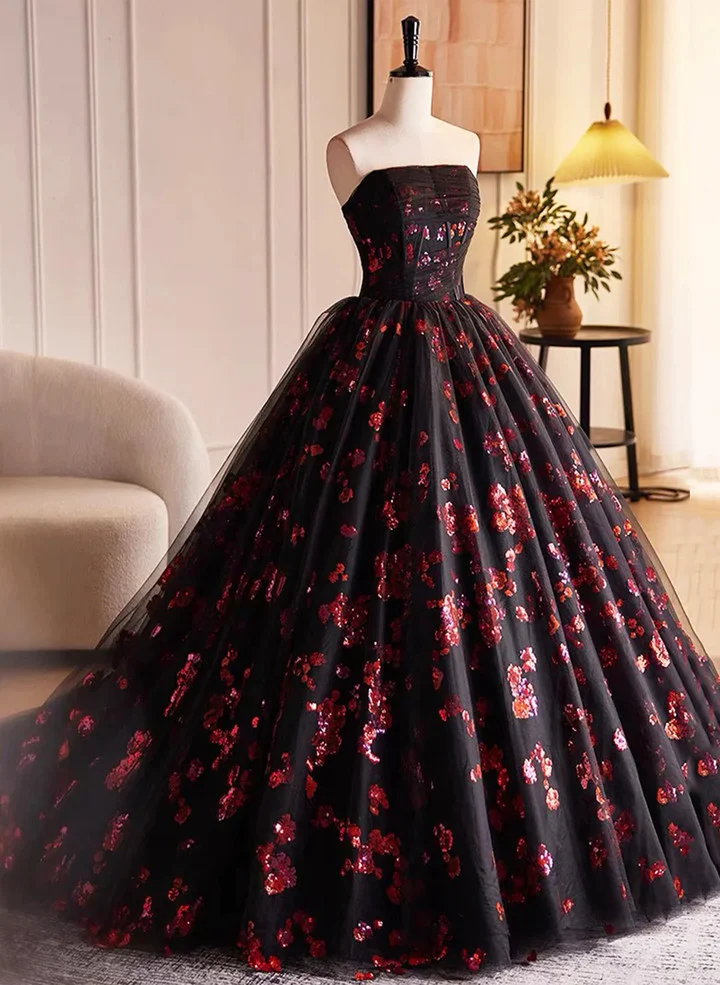 Black and Red Floral Tulle Long Strapless Formal Sweet 16 Dress - View 2 | VelvetHem