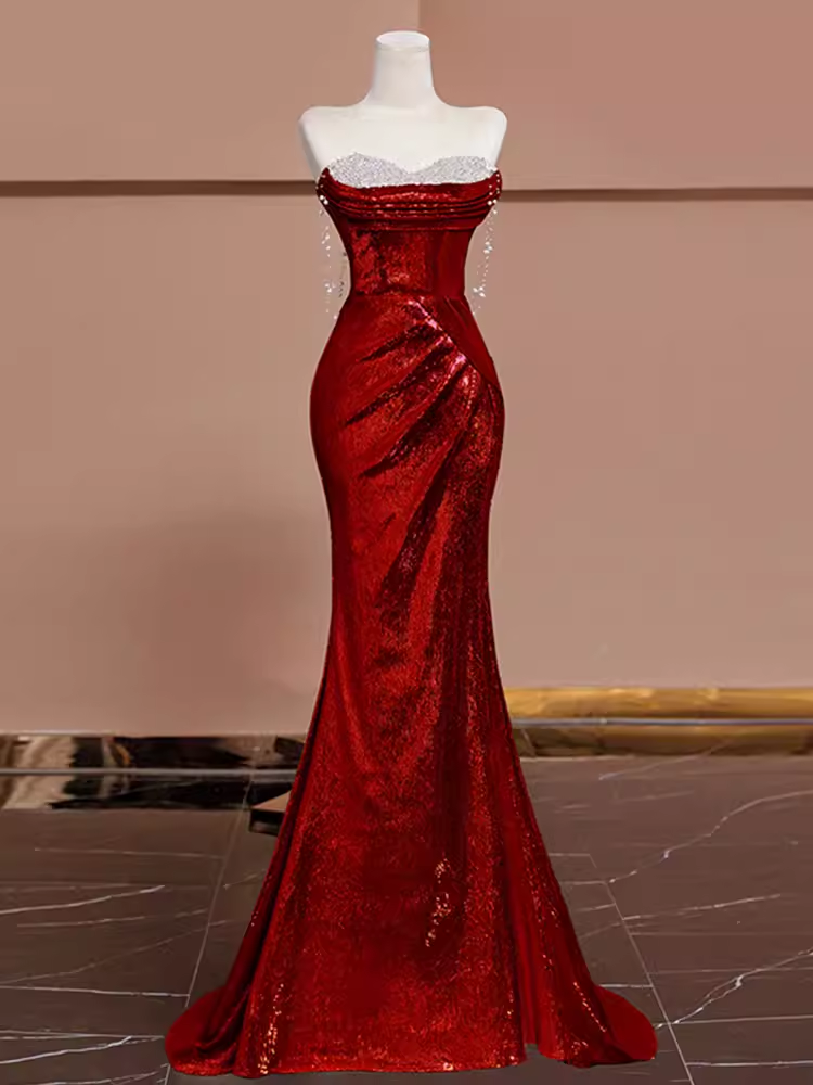 Sexy Mermaid Burgundy Sequin Long Prom Dress