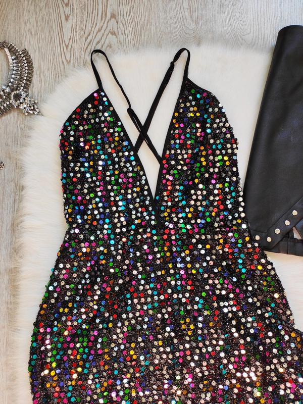 Black shiny multi colored evening short sexy mini dress neckline sequins party dress cc63 - View 2 | VelvetHem