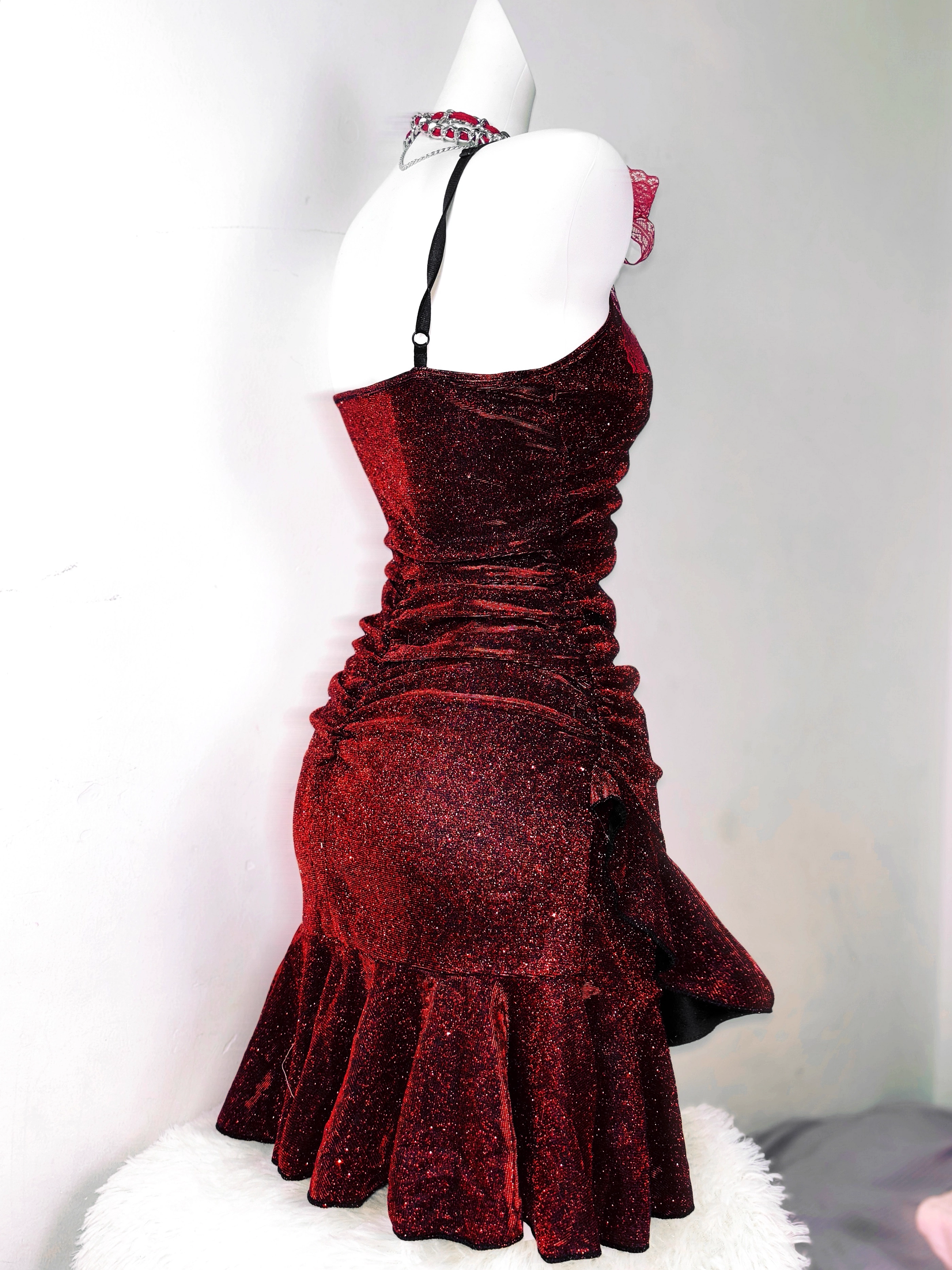 Glitter Spaghetti Straps Burgundy Ruffle Short Birthday Outfits Cocktail Dress Formal Homecoming Dress