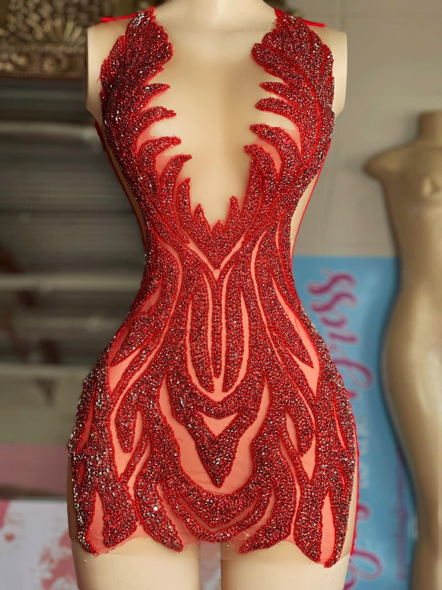 See Through Luxury Short Red African Black Girls Mini Homecoming Dress Y4424 - VelvetHem