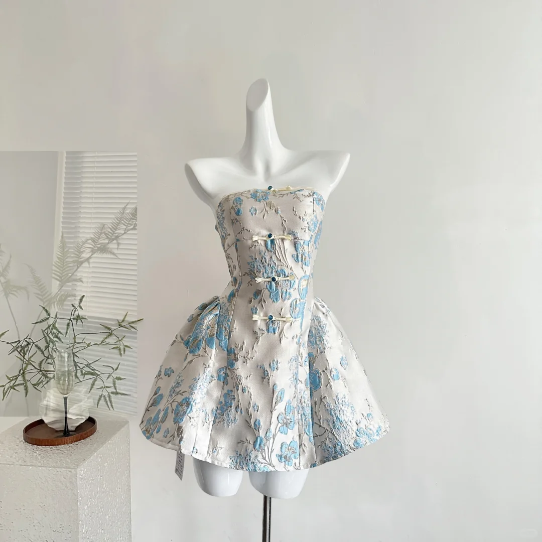 Vintage Strapless Satin Print Floral A Line Women Dress Holiday Dress