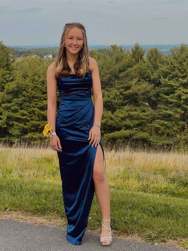 Navy Blue Satin Slit Party Gown,Formal Prom Evening Dress