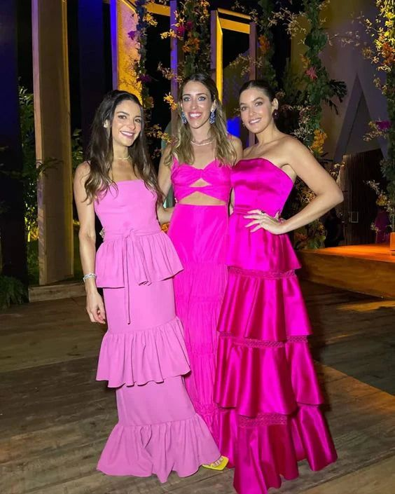 Gorgeous Strapless Satin Layered Party Evening Dress Hot Pink A Line Prom Dress - View 3 | VelvetHem