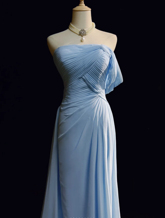 Classy Sky Blue One Shoulder Chiffon Pleated Mermaid Party Dress Long Wedding Guest Dress Evening Gown - View 2 | VelvetHem