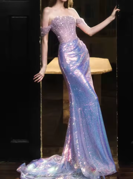 Glitter Sequins Beaded Mermaid Evening Dress,Lilac Off Shoulder Party Prom Dress - VelvetHem