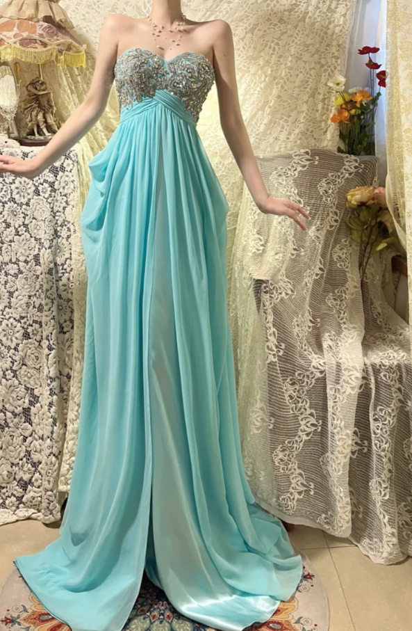 Pretty Strapless Blue Satin Chiffon Beaded Long Wedding Guest Dress Formal Birthday Party Dress - View 2 | VelvetHem