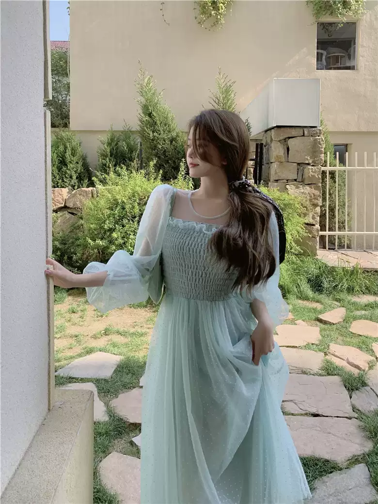 Light green skirt hollow French super fairy puff sleeve polka dot mesh dress sexy party dress - View 9 | VelvetHem