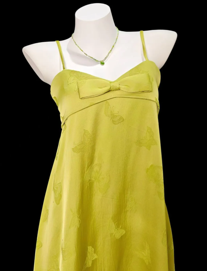 Unique Spaghetti Straps Chartreuse Green Satin Butterflies Print Long Party Dress Birthday Prom Dress - View 2 | VelvetHem