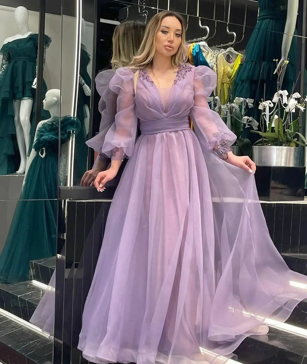 Purple A-line Tulle Beaded Evening Dress With Puff Sleeves - VelvetHem