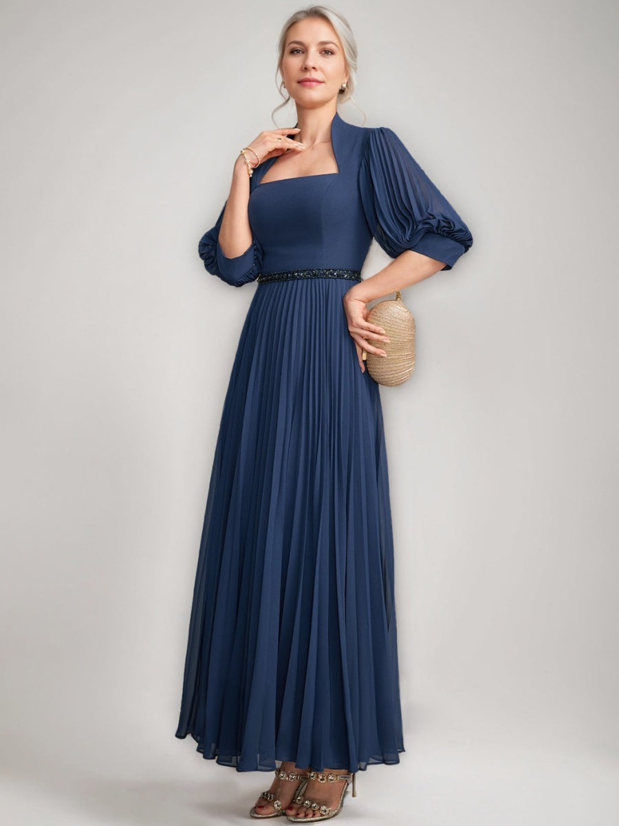 Queen Anne Neckline A line Ankle Length Mother of the Bride Dress with Pleats Sequins & Beads