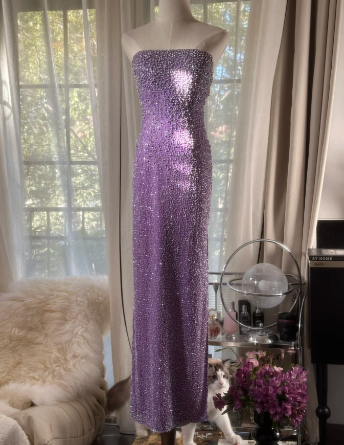 Glamorous Strapless Purple Chiffon Beaded Sheath Slit Prom Dress Long Party Gown - View 3 | VelvetHem