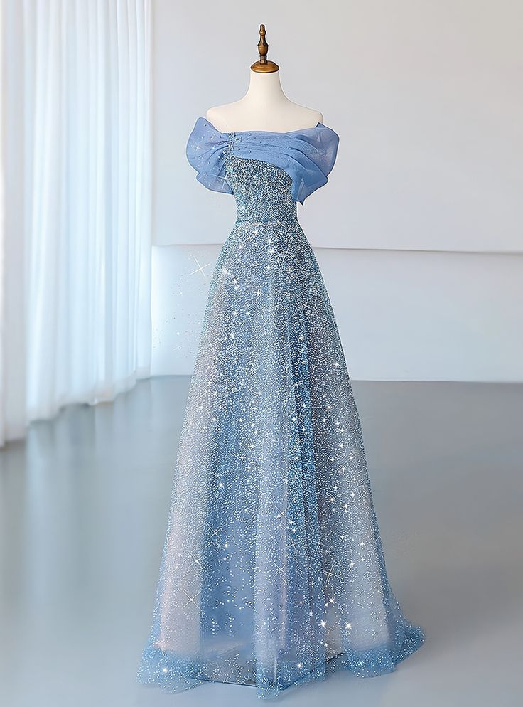 Blue Tulle Sequins Evening Dress Off The Shoulder Pleats A Line Prom Dress Y8041 - VelvetHem