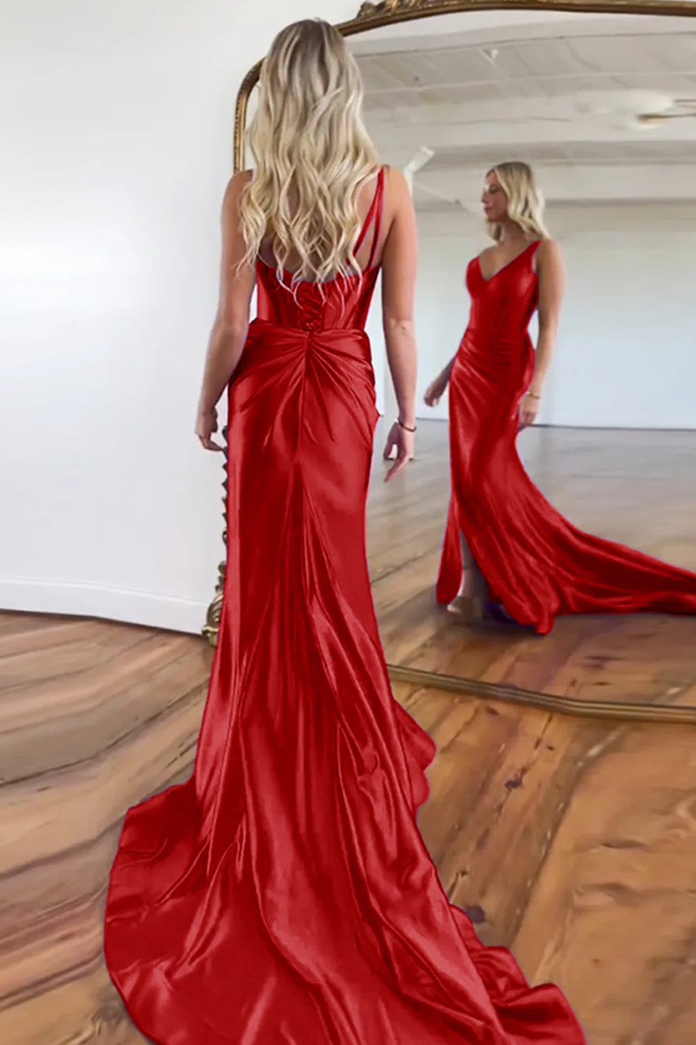 Purple Mermaid V-Neck Zipper Back Satin Long Prom Dress With Split - View 13 | VelvetHem