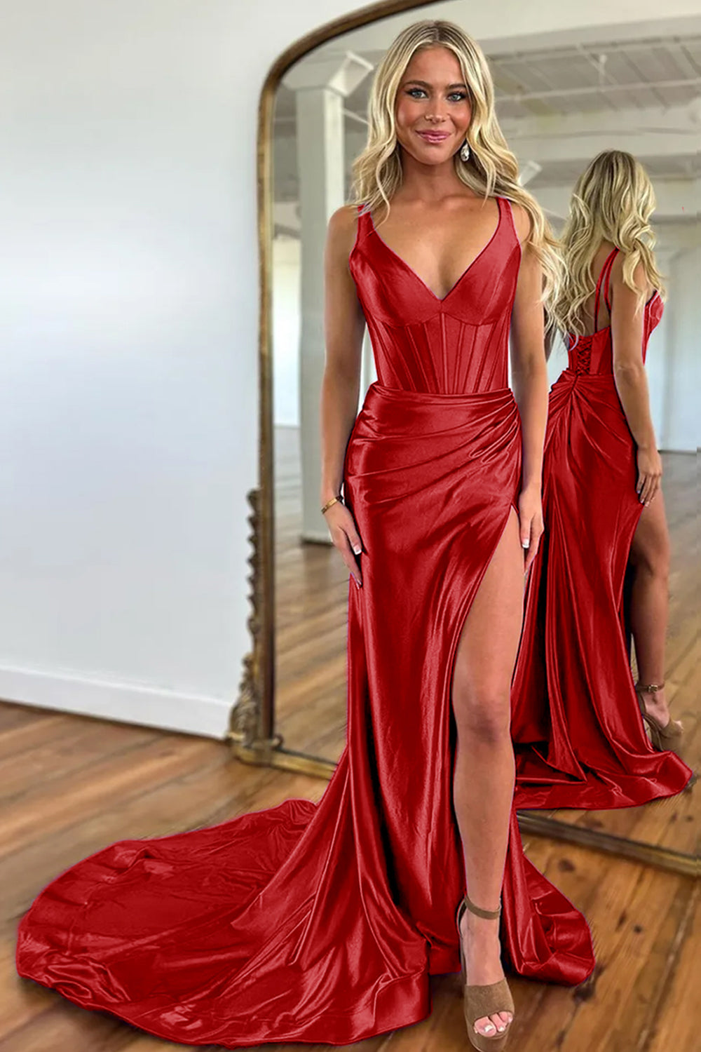 Purple Mermaid V-Neck Zipper Back Satin Long Prom Dress With Split - View 12 | VelvetHem