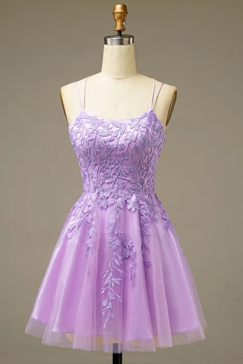 Lilac A-line Lace Appliques Short Homecoming Dress - VelvetHem