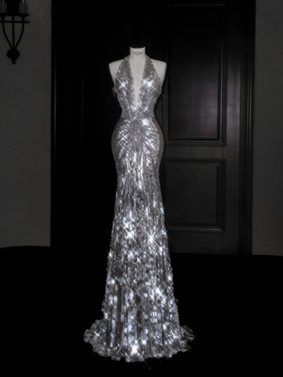 Sparkly Silver Deep V Halter Sequins Beaded Backless Evening Dress Mermaid Prom Dress Y8687 - VelvetHem