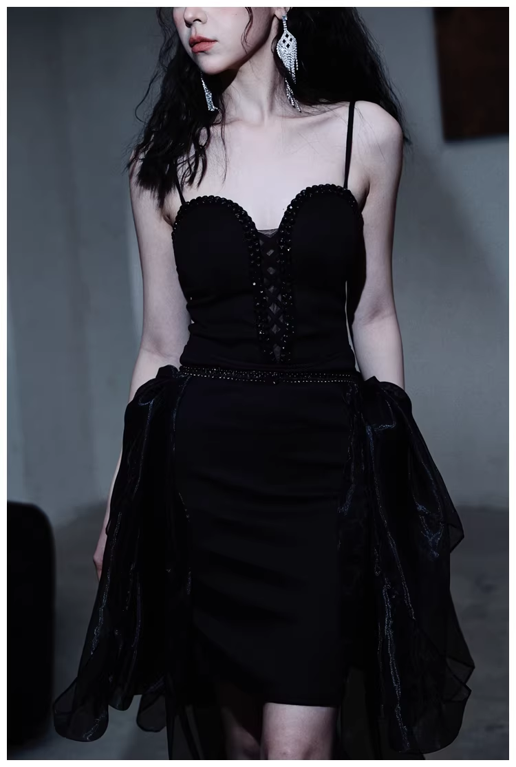 Gorgeous Black Organza Satin Beaded Long Party Dress Birthday Evening Dress - View 4 | VelvetHem