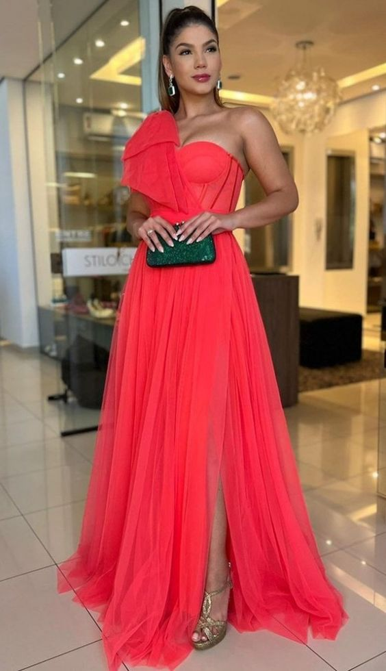Tulle One Shoulder Long Prom Dresses with High Slit,Formal Graduation Evening Dresses - View 2 | VelvetHem
