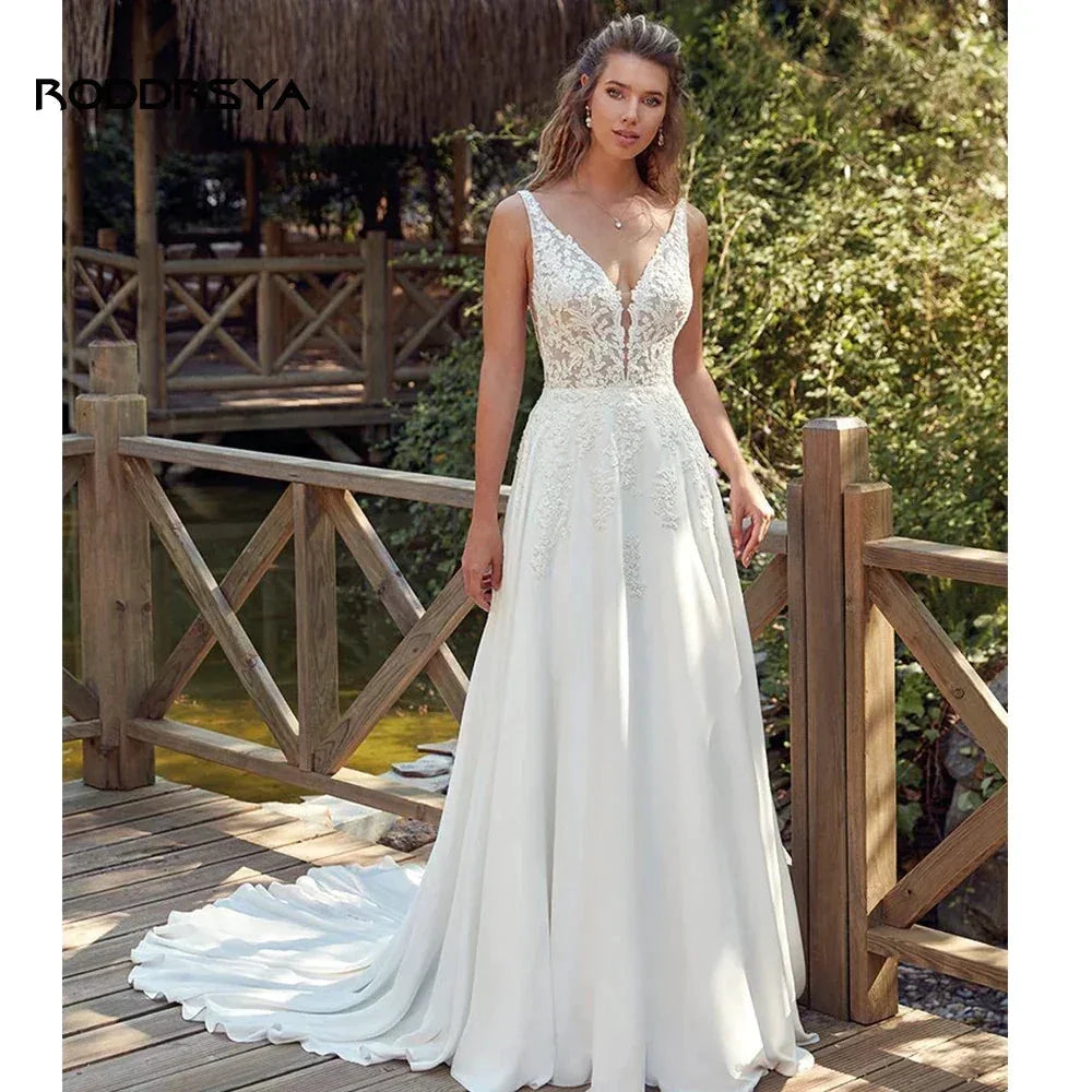 RODDRSYA Boho Wedding Dresses For Women  V-Neck Appliques Backless Bridal Gown With Button Vestidos De Novia  Custom Made (ZD13310)