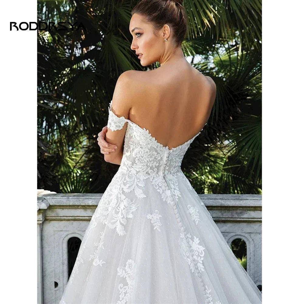 RODDRSYA Elegant A-line Lace Wedding Dresses For Women Appliques Off-Shoulder Bridal Gown Backless Sweep Train Vestidos De Noiva (ZD13335)