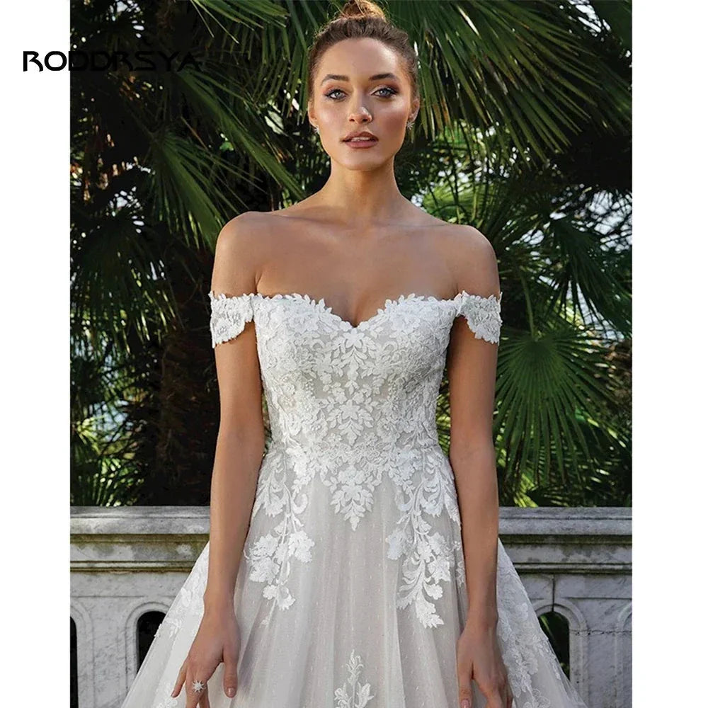 RODDRSYA Elegant A-line Lace Wedding Dresses For Women Appliques Off-Shoulder Bridal Gown Backless Sweep Train Vestidos De Noiva (ZD13335)