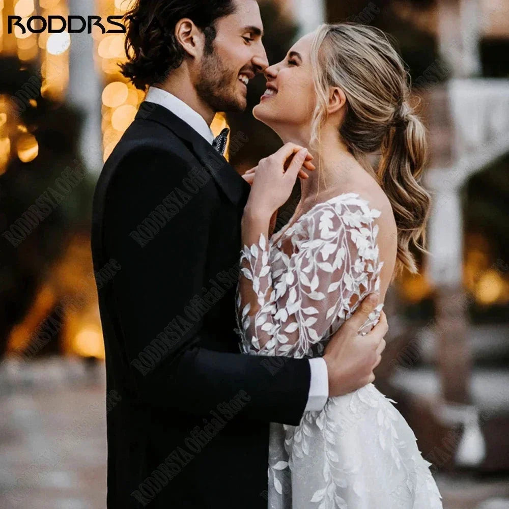 Sexy Backless Wedding Dresses New 2023 Long Sleeves Bride Gowns V-Neck A-Line Lace Applique Tulle vestidos de novia (ZD13330)