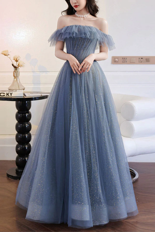 A-Line Gray Blue Off The Shoulder Long Prom Dress Tulle Evening Dress - VelvetHem