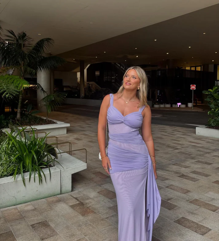 Lavender Sweetheart Ruched Long Prom Dress Sheath Slit Evening Dress