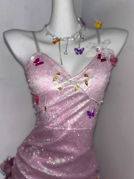 Cute Pink Satin Butterfly Ruffles Short Birthday Dress Graduation Homecoming Dress