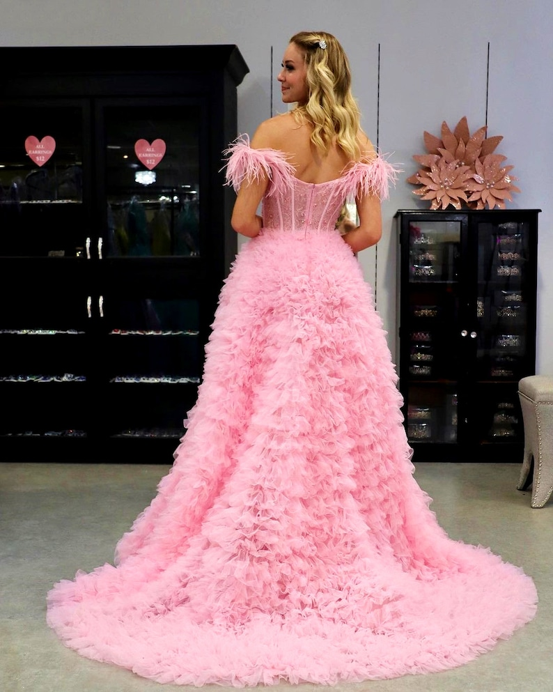 Pink Tulle Ruffled Gown, Off Shoulder Tulle Dress, Tulle Prom Dress, Corset Tulle Ball gown, Graduation Dress - View 2 | VelvetHem