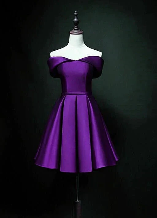 Purple Sweetheart Satin Off Shoulder Homecoming Dresses (ZD12446) - VelvetHem