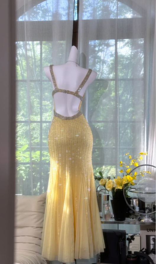 Glitter V Neck Yellow Chiffon Beaded Mermaid Party Dress Long Prom Gown - View 2 | VelvetHem