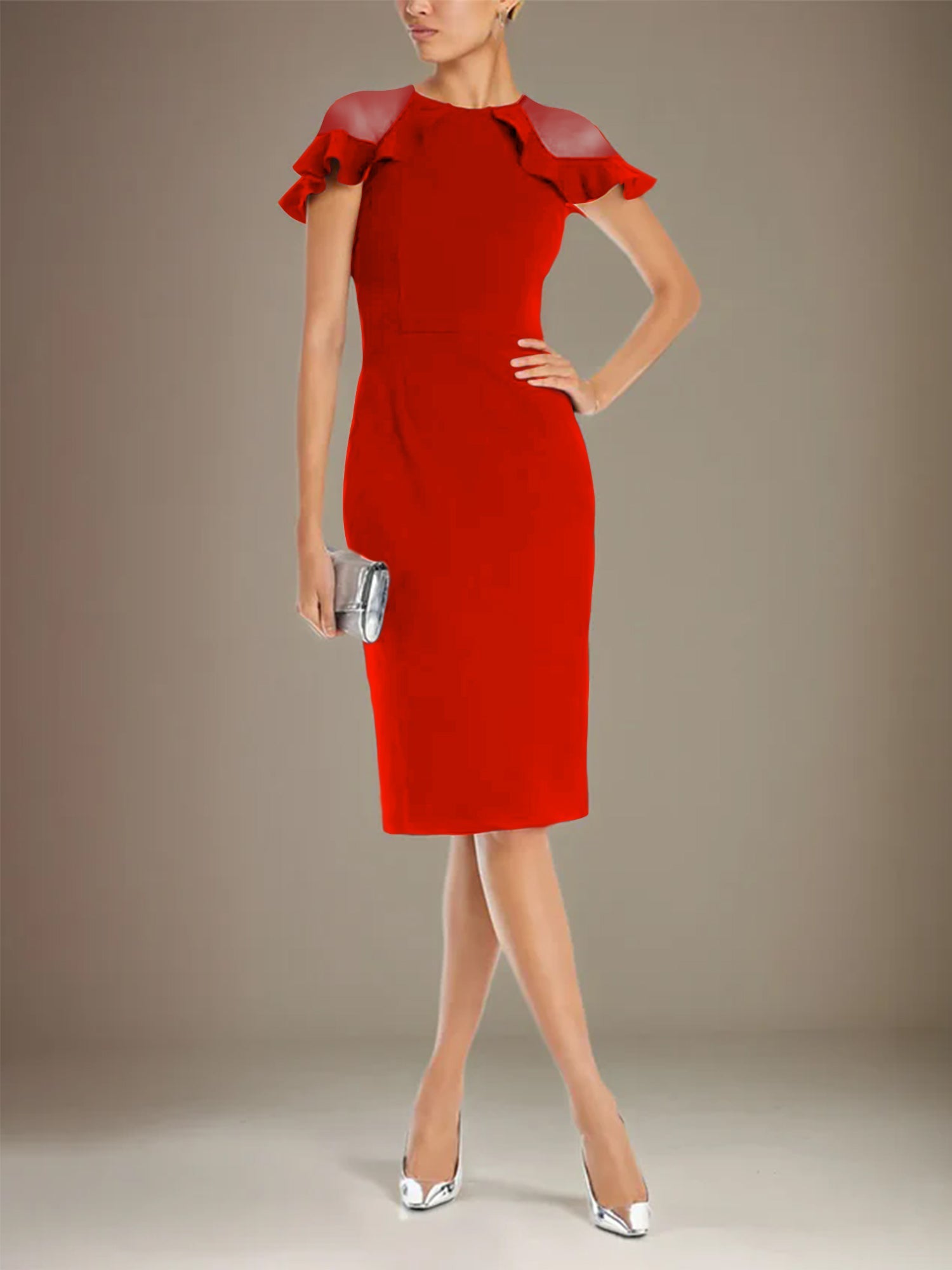 Sheath/Column Stretch Crepe Scoop Short Sleeves Knee Length Dress