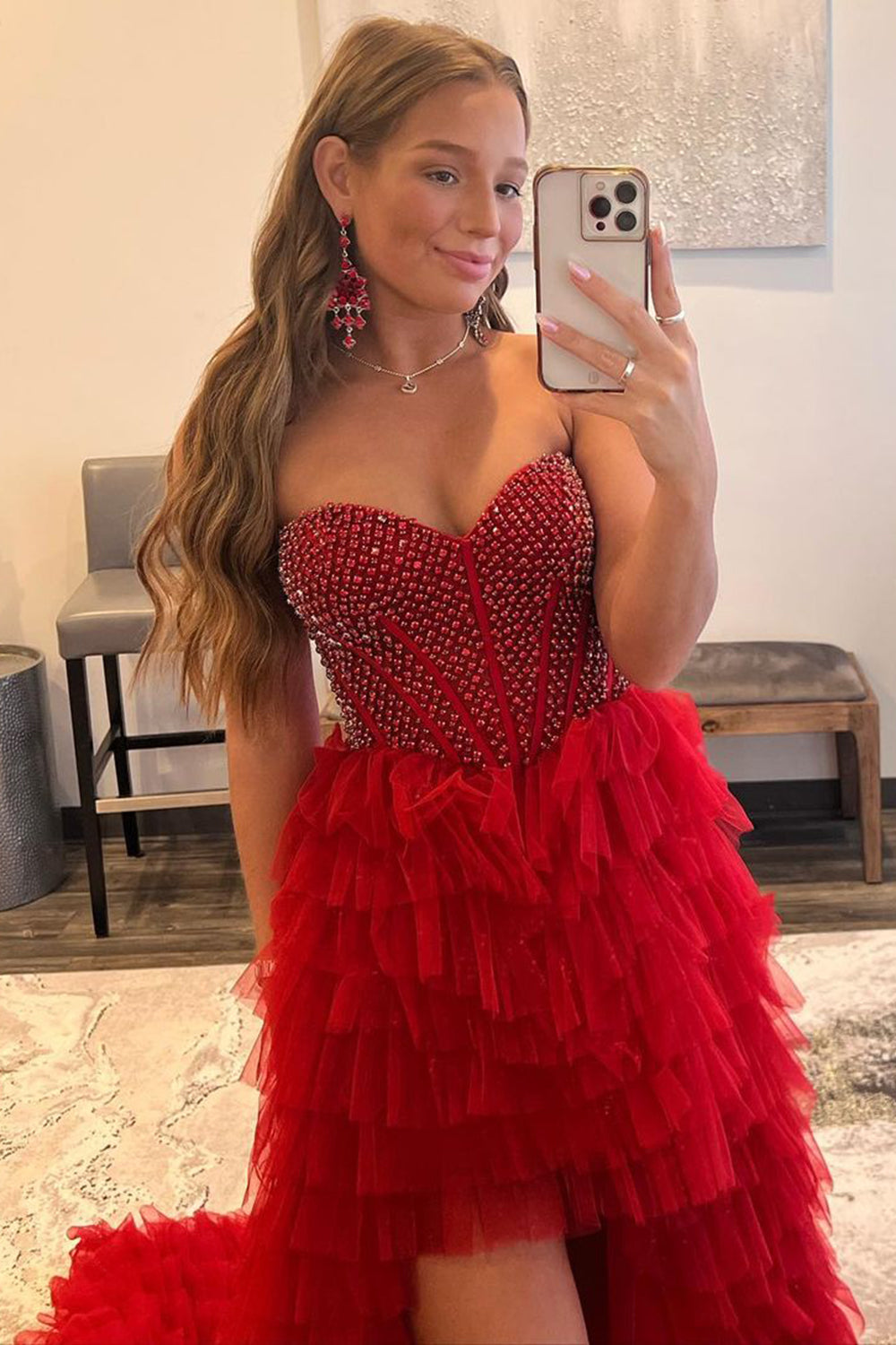 Red Homecoming Dresses Beaded A-Line Tiered High Low Prom Prom Dress