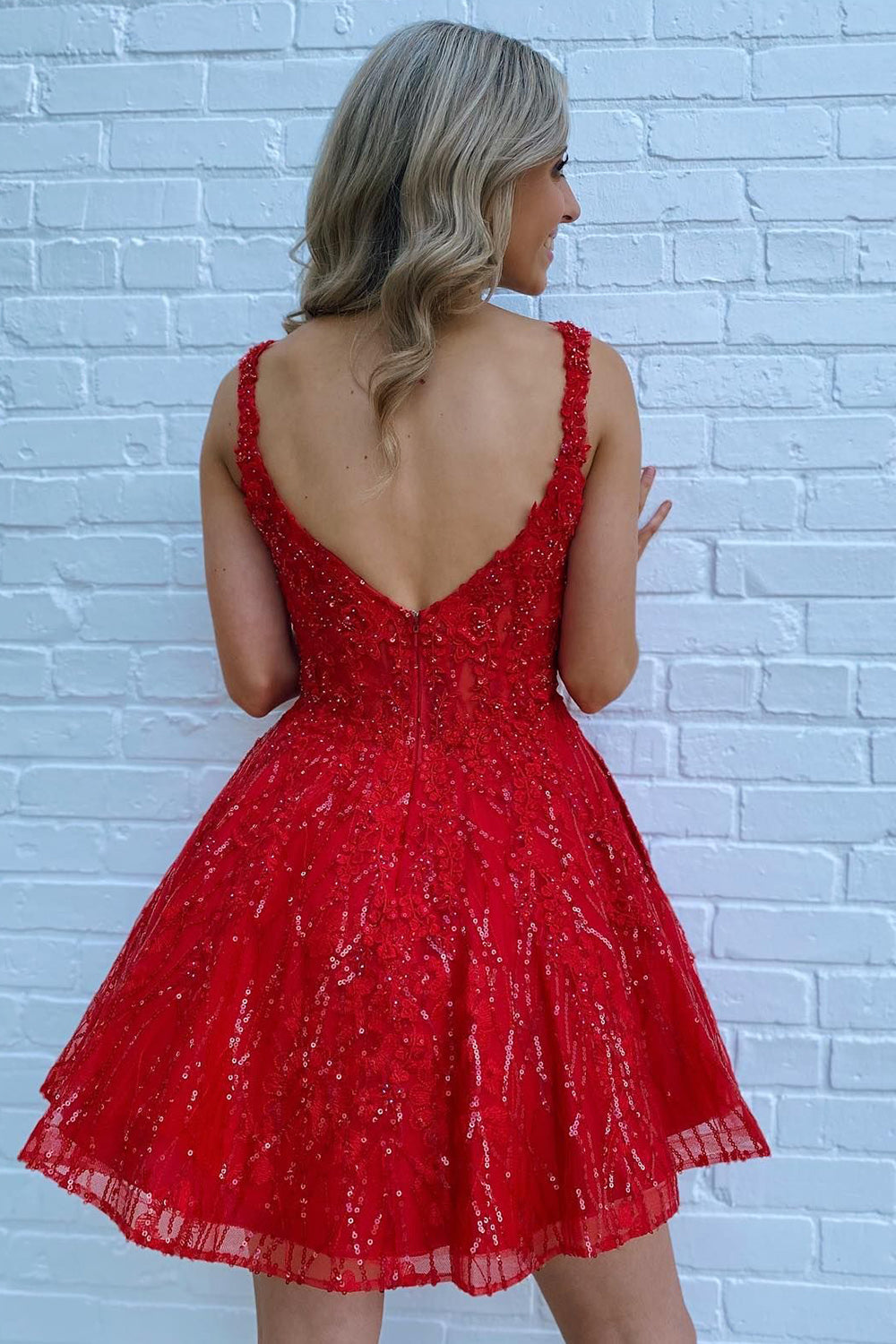 Red Homecoming Dresses Sequin A-Line Short Cocktail Dresses with Pockets