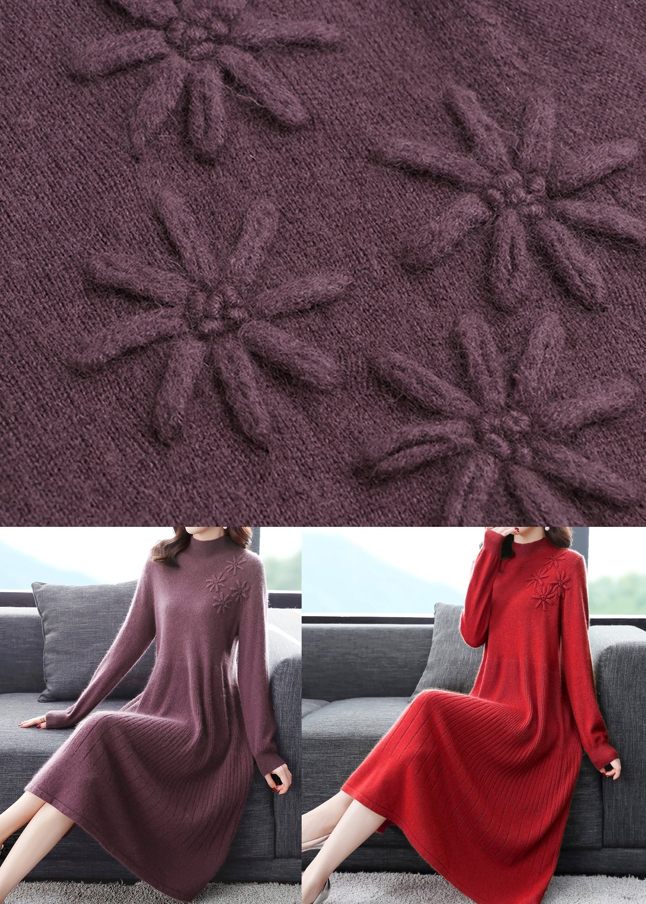 Red Patchwork Sweater Dress Embroidered Turtleneck Fall