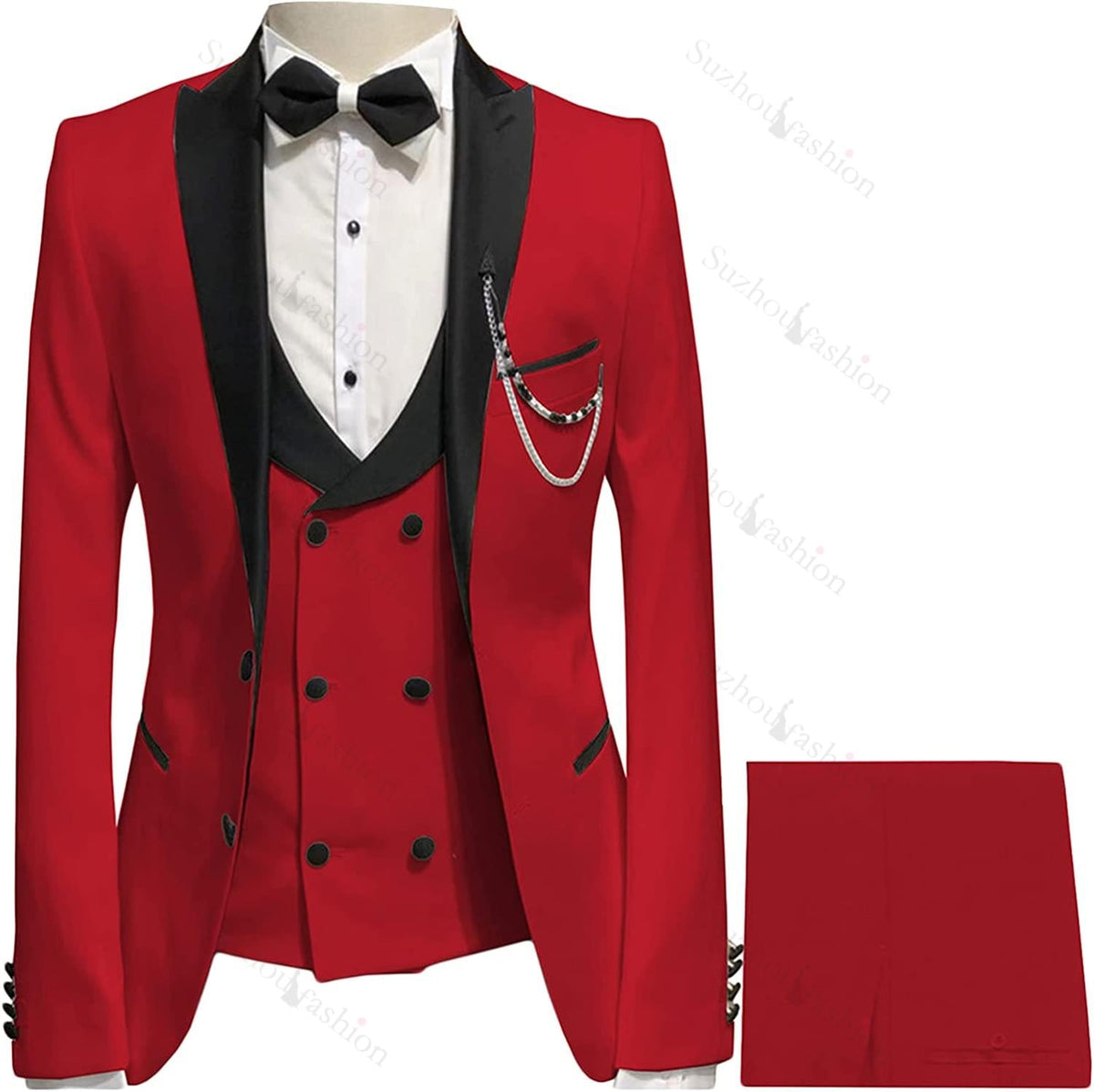 Red Peaked Lapel 3 Piece Prom Suit