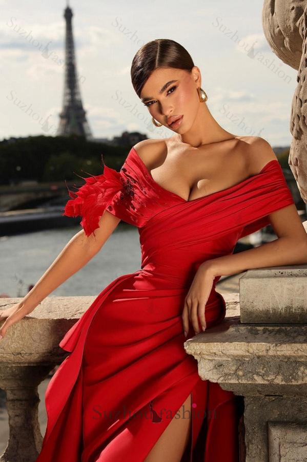 Red Prom Dress A Line Off The Shoulder Formal Dress With Slit