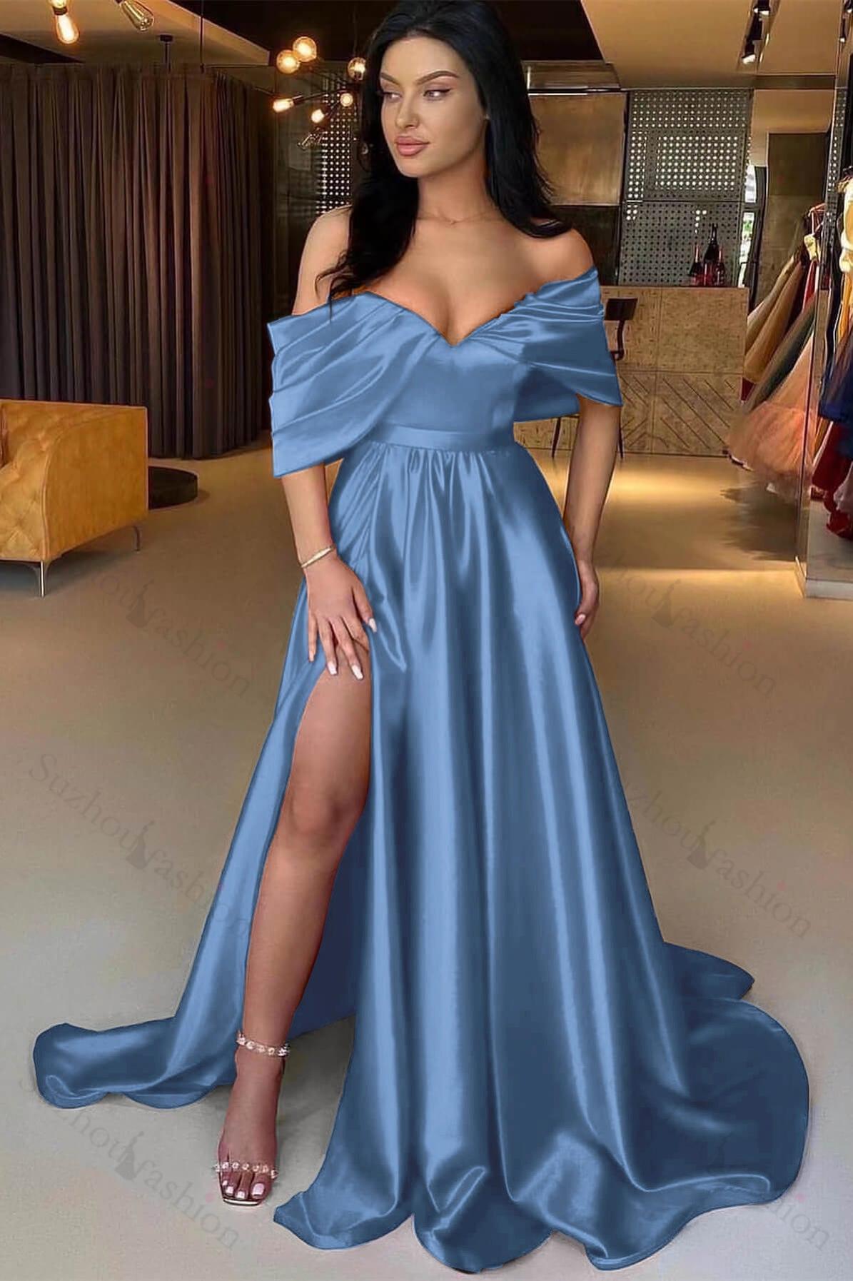 Red Prom Dress A Line Off the Shoulder Strapless Long Evening Formal Dress With Split